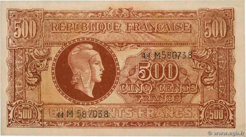 Country : FRANCE 
Face Value : 500 Francs MARIANNE Faux 
Date : 1945 
Period/...