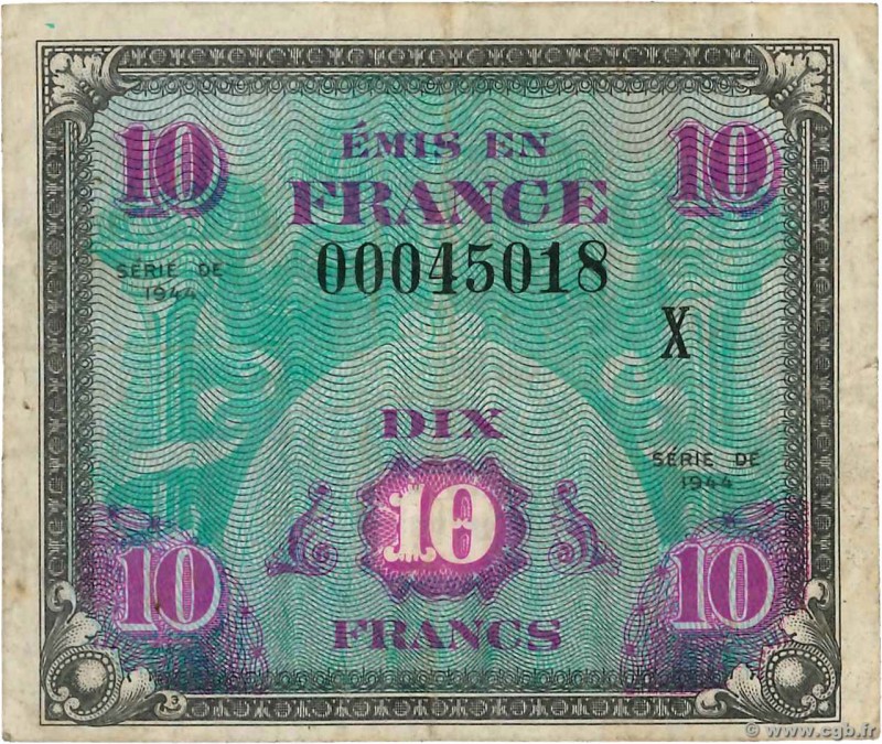 Country : FRANCE 
Face Value : 10 Francs DRAPEAU Petit numéro 
Date : 1944 
P...