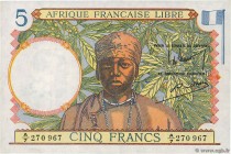 Country : FRENCH EQUATORIAL AFRICA 
Face Value : 5 Francs 
Date : (1943) 
Period/Province/Bank : Afrique Française Libre 
Department : Congo 
Fre...