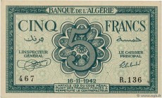Country : ALGERIA 
Face Value : 5 Francs 
Date : 16 novembre 1942 
Period/Province/Bank : Banque de l'Algérie 
Catalogue reference : P.91 
Alphab...