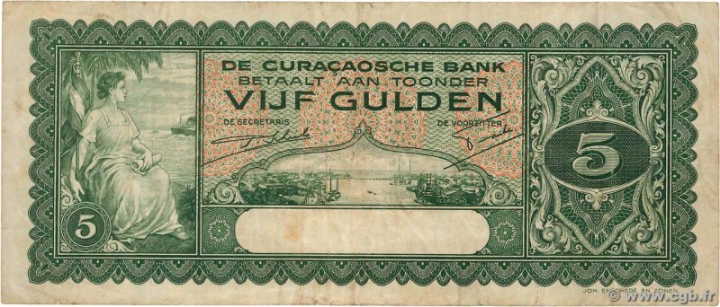 Country : CURACAO 
Face Value : 5 Gulden 
Date : 1939 
Period/Province/Bank :...