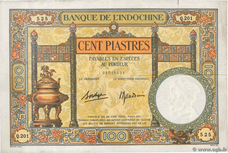 Country : FRENCH INDOCHINA 
Face Value : 100 Piastres 
Date : (1936-1939) 
Pe...