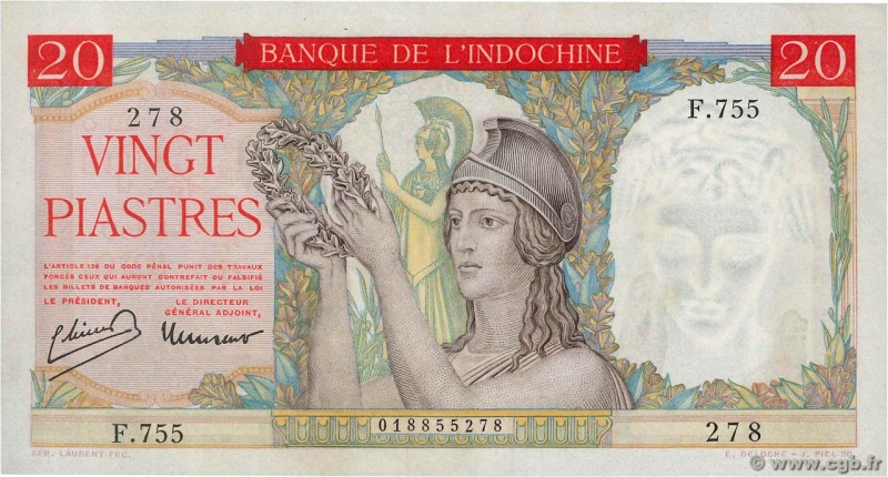 Country : FRENCH INDOCHINA 
Face Value : 20 Piastres 
Date : (1949) 
Period/P...