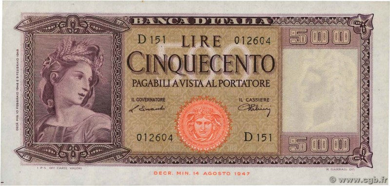 Country : ITALY 
Face Value : 500 Lire 
Date : 10 février 1948 
Period/Provin...