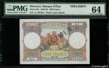 Country : MOROCCO 
Face Value : 100 Francs Spécimen 
Date : (1948) 
Period/Province/Bank : Banque d'État du Maroc 
Catalogue reference : P.45s 
A...