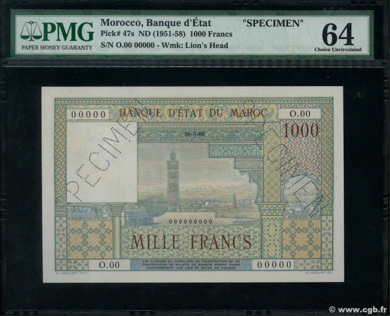 Country : MOROCCO 
Face Value : 1000 Francs Spécimen 
Date : (1951) 
Period/P...