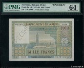 Country : MOROCCO 
Face Value : 1000 Francs Spécimen 
Date : (1951) 
Period/Province/Bank : Banque d'État du Maroc 
Catalogue reference : P.47s 
...