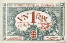 Country : MONACO 
Face Value : 1 Franc Spécimen 
Date : 1920 
Period/Province/Bank : Principauté de Monaco 
Catalogue reference : P.5 
Alphabet -...