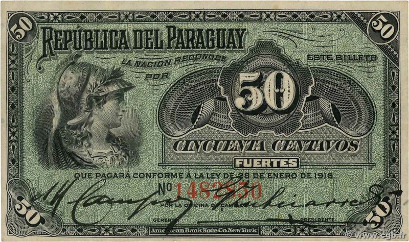 Country : PARAGUAY 
Face Value : 50 Centavos 
Date : 28 janvier 1916 
Period/...