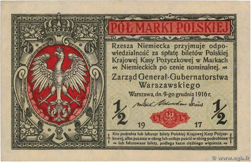 Country : POLAND 
Face Value : 1/2 Marki 
Date : 1917 
Period/Province/Bank :...