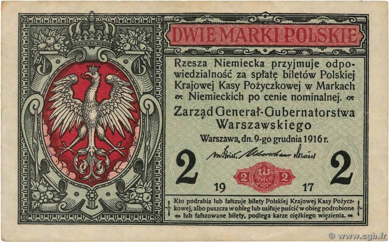 Country : POLAND 
Face Value : 2 Marki 
Date : 1917 
Period/Province/Bank : P...