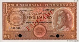 Country : SAO TOME AND PRINCIPE 
Face Value : 20 Escudos Spécimen 
Date : 20 novembre 1958 
Period/Province/Bank : Banco Nacional Ultramarino 
Cat...