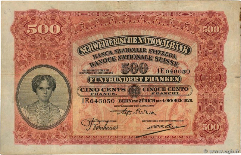 Country : SWITZERLAND 
Face Value : 500 Francs 
Date : 04 octobre 1928 
Perio...