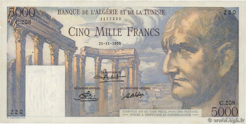 Country : TUNISIA 
Face Value : 5000 Francs 
Date : 21 novembre 1950 
Period/...