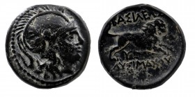 Kings of Thrace. Uncertain mint in Thrace. Lysimachos 305-281 BC. Unit AE 
Helmeted head of Athena right
Rev: BAΣIΛΕΩΣ ΛYΣIΜΑΧΟΥ, lion leaping right, ...