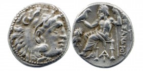 Kings of Macedon, Alexander III 'the Great' AR Drachm. Magnesia, circa 336-323 BC. 
Obv: Head of Herakles right, wearing lion skin headdress
Rev: AΛΕΞ...