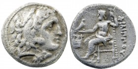 Kings of Macedon. Kolophon. Philip III Arrhidaeus 323-317 BC. AR Drachm
Head of Herakles right, wearing lion skin headdress.
Rev: Zeus Aëtophoros seat...