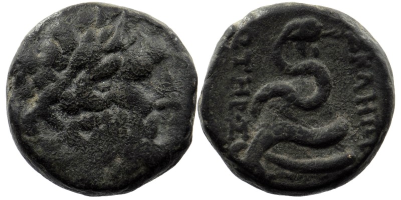 Mysia, Pergamon. Ca. 133-27 B.C. AE
Laureate head of Asklepios right,
serpent co...