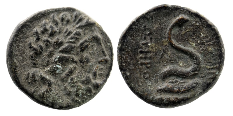 Mysia, Pergamon. Ca. 133-27 B.C. AE
Laureate head of Asklepios right,
serpent co...