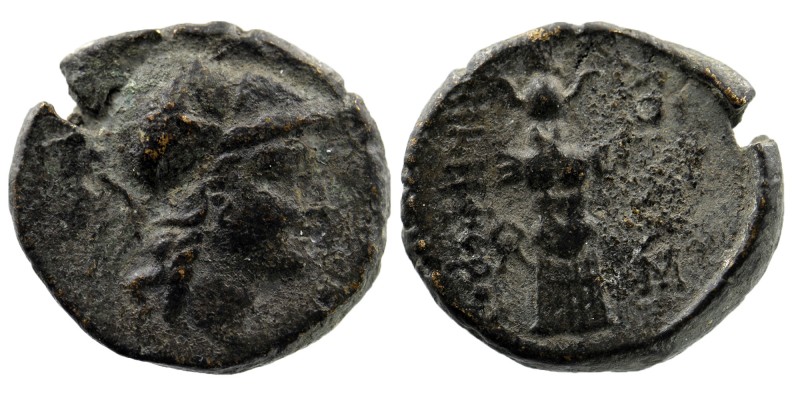 MYSIA. Pergamon. Ae (Mid-late 2nd century BC)
Helmeted head of Athena right.
Tro...