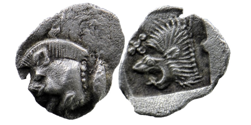 Mysia. Kyzikos AR Obol. 450-400 BC.
Forepart of boar left, tunny behind./Head of...