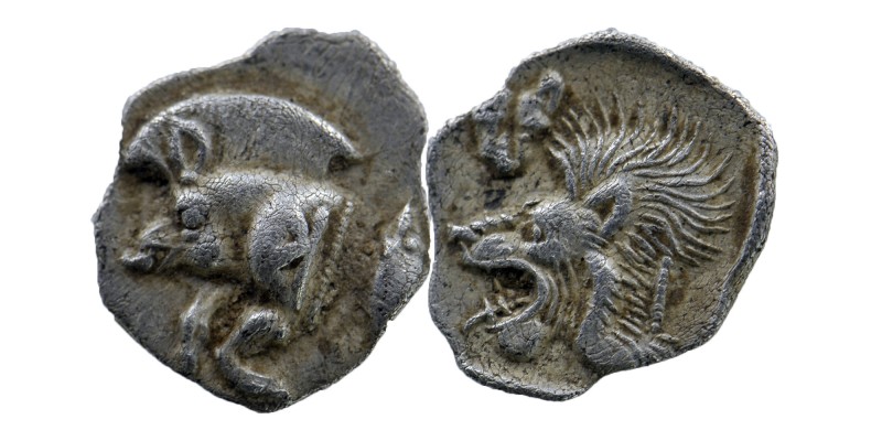 Kyzikos, Mysia. AR Obol. 450-400 BC.
Forepart of boar left, tunny behind./Head o...