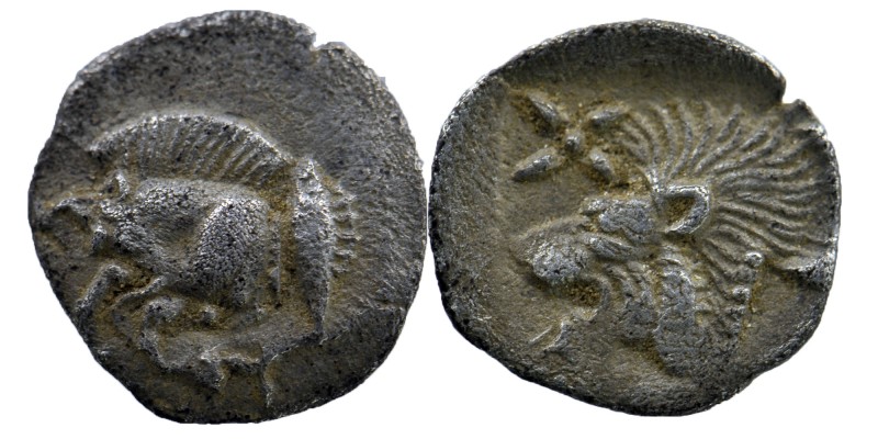 Mysia. Kyzikos, AR Obol. 450-400 BC.
Forepart of boar left, tunny behind./Head o...