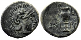 AEOLIS. Myrina. Ae (Circa 5th-3rd centuries BC). 
Obv: Helmeted head of Athena right. 
Rev: MY - PI. Amphora. 
BMC 20
1,04 gr. 11 mm