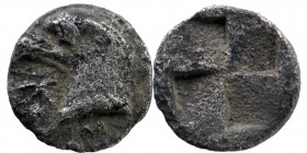 Aiolis, Kyme. Ca. 480-450 B.C. AR hemiobol
Head of eagle left / Granulated incuse square of 'mill-sail' design.
Klein 333; Rosen 538; SNG Copenhagen 3...