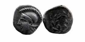 AEOLIS, Elaia. Circa 450-400 BC. AR Hemiobol 
Helmeted head of Athena left / Laurel wreath. 
SNG von Aulock 7680; SNG Copenhagen 164; Klein 329 (this ...