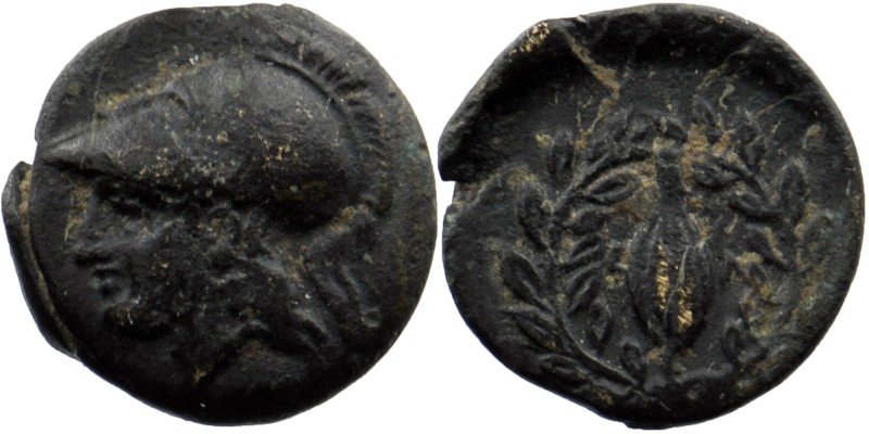 Aiolis, Elaia. ca. 450-400 B.C. AE 
Helmeted head of Athena left.
Rev: Grain ear...