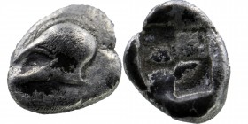 Ionia, Uncertain, c. 500 BC. AR Hemiobol 
Obv: Helmet 
Rev: Quadripartite incuse square. 
Cf. SNG Kayhan 743 (obol).
0,29 gr. 8 mm