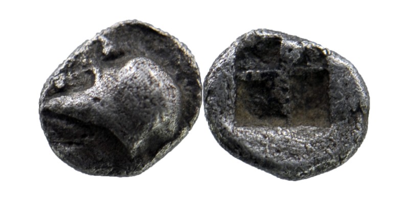 Ionia, Uncertain, c. 500 BC. AR Hemiobol 
Obv: Helmet 
Rev: Quadripartite incuse...