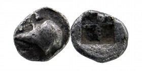 Ionia, Uncertain, c. 500 BC. AR Hemiobol 
Obv: Helmet 
Rev: Quadripartite incuse square. 
Cf. SNG Kayhan 743 (obol).
5 mm