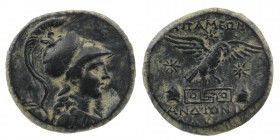 PHRYGIA. Apameia. Ae (Circa 88-40 BC).
Helmeted bust of Athena right, wearing aegis.
Eagle right, landing on maeander pattern; caps of the dioscuri, s...