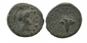CARIA. Rhodes. Pseudo-autonomous (1st century?). Ae. 
Obv: Helmeted head of Athena right. 
Rev: Rose. 
Cf. RPC II 1173-6.
1,63 gr. 13 mm