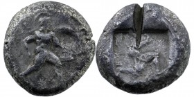 Pamphylia. Aspendos circa 465-430 BC. AR
Warrior advancing right, spear forward in right hand, oval shield in left.
Triskeles within incuse square.
Te...