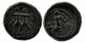 Pisidia, Etenna. 1st century B.C. AE 
Two men standing side by side; the left brandishing double-axe, the right sickle.
Rev: Nymph advancing right; in...