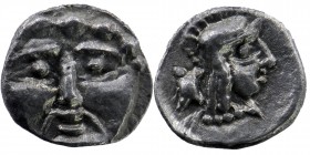 Selge AR Obol, head of Gorgoneion / head of Athena
Selge , Pisidia. AR Obol (9 mm, 0.95 g), 3rd Century BC.
Obv. Facing head of Gorgoneion.
Rev. Helme...