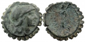 KINGS OF CAPPADOCIA. Ariarathes V Eusebes Philopator (Circa 163-130 BC). Serrate Ae.
Obv: Helmeted bust of Athena right.
Rev: BAΣIΛEΩ / APIAPA.
Nike a...