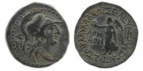 CILICIA. Seleukeia. Ae (2nd-1st centuries BC). 
Obv: Helmeted head of Athena right; monogram to left. 
Rev: Nike advancing left, holding wreath and pa...