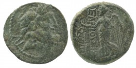 CILICIA. Elaioussa Sebaste. Ae (1st century BC)
Obv: Laureate head of Zeus right
Rev: Nike advancing left, holding wreath and palm frond; two monogram...