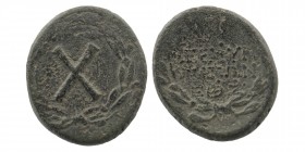 CILICIA. Zephyrion. 1st century BC. AE
Large X within laurel wreath.
Rev. ZEΦYPI/ΩTΩN above two monograms; all within laurel wreath. 
SNG Levante 898....
