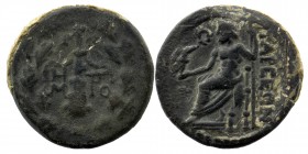 CILICIA. Tarsos (164-27 BC). Ae.
Obv: Filleted club; monogram to left and right; all within oak wreath.
Rev: TAPCЄΩN.
Zeus seated left on throne, hold...