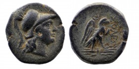Cilicia Soloi 200-100 BC, AE
Head of Athena to right, wearing crested Corinthian helmet
Rev: SOLEWN, eagle standing right on thunderbolt, wings open, ...