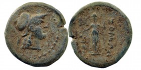 CILICIA. Soloi. 1st century BC. AE
Head of Athena to right, wearing crested Corinthian helmet. 
Rev. ΣΟΛEΩN Dionysos standing front, holding thyrsos i...