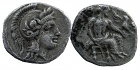 CILICIA. Uncertain. Obol (4th century BC). 
Obv: Helmeted head of Athena right. 
Rev: Baaltars seated right on throne, holding eagle and sceptre. 
Zie...