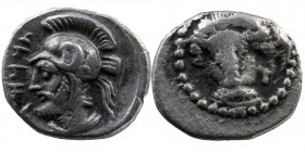 CILICIA. Time of Pharnabazos and Datames. Satrap of Cilicia, 361/0-334 BC.
Female head facing . Bearded male head left, wearing Attic style helmet. 
S...
