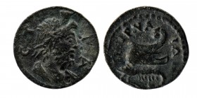 IONIA. Smyrna. Time of Septimius Severus, 193-211. AE
Obv: CTPA Draped bust of Serapis right, wearing calathus
Rev: Rev. ZMYPNAIΩN Prow right; below...