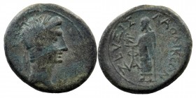PHRYGIA. Laodicea ad Lycum. Augustus (27 BC-14 AD). Ae. Zeuxis Philalethes, magistrate.
Obv:Bare head right; 
Rev: ZEVΞIΣ /ΛAOΔIKEΩN. Zeus stand left ...